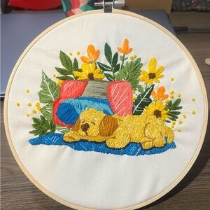 Embroidered Hoop Art with Sleeping Dog and Flowers